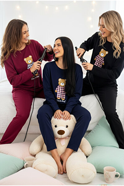 Siyah İnci Dark Blue Teddy Bear B Printed Knitted Pajama Set 7968