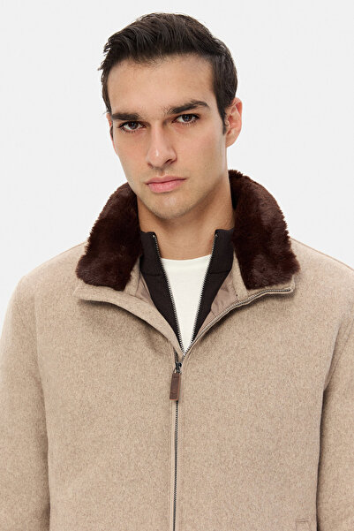 D'S Damat Ds Damat Regular Fit Beige Straight Collar Detachable Fur Coat