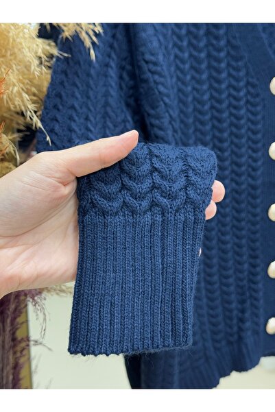 MİHRA STORE Lametta Gold Buttoned Knit Pattern Knitwear Cardigan-Sy478 Navy Blue