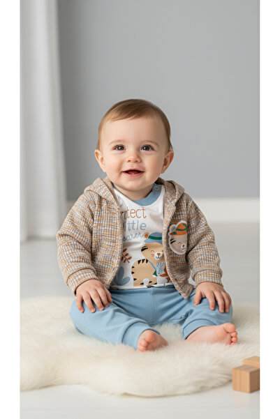 Yumilio Organic Cotton Little Explorer Kaplan Printed Hooded Cardigan Bodysuit and Pants 3-Piece Baby Boy Set