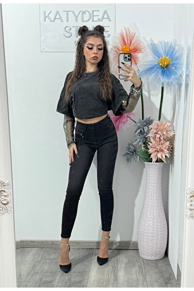 KATYDEA STORE Black skinny jeans with stamped crystals DARIA