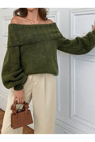 Puella Kzk0015 Women's Khaki Bardot-Boat Neck Balloon Sleeve Soft Textured Off-Shoulder Knitwear Sweater