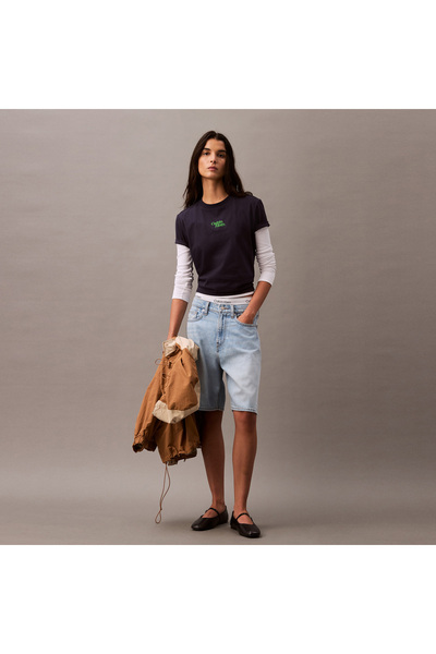 Calvin Klein Flocked Logo Kadın Mavi T-Shirt