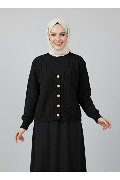 MİHRA STORE Lametta Gold Buttoned Knit Pattern Knitwear Cardigan-Sy478 Black