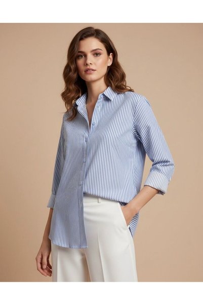 Meşe Moda قميص أزرق أبيض مخطط كبير الحجم