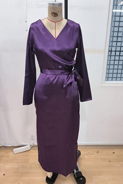 Mossta Double-Breasted Long Satin Dress with Neckline Belt - Purple