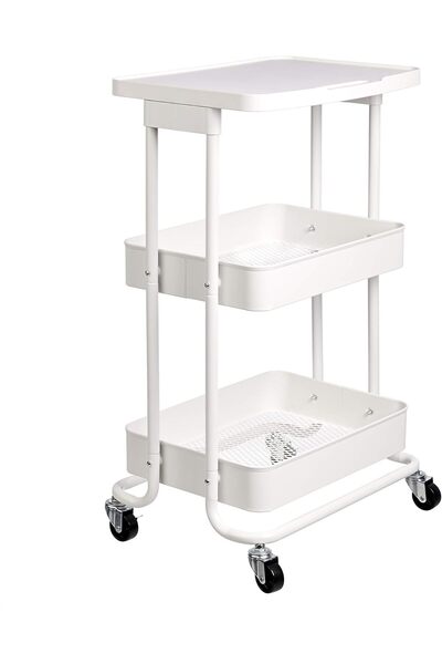 Amazon basics عربة مطبخ معدنية ذات مستويين مع رف، لون أبيض