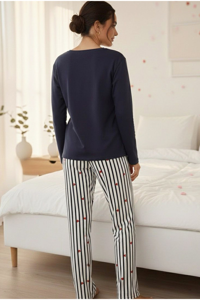 Siyah İnci Navy Blue White Heart Patterned Cotton Knitted Pajama Set 7974