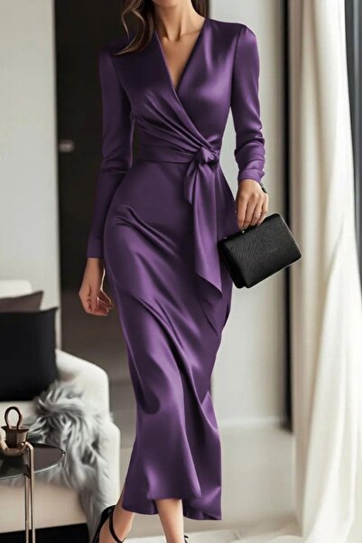 Mossta Double-Breasted Long Satin Dress with Neckline Belt - Purple
