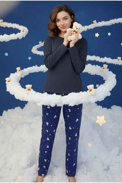 Siyah İnci Navy Blue Dog Patterned Cotton Knitted Pajama Set 7974