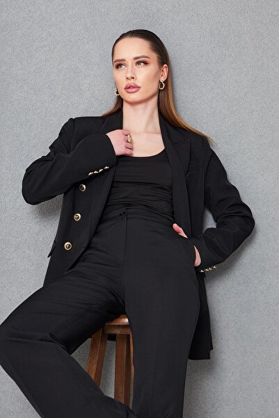 SheBoss Gold 6 Düğmeli Kruvaze Takım Siyah