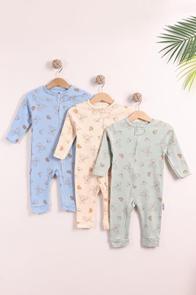 kidello Blue baby boy 100% cotton zippered 3-piece bear patterned cuffed jumpsuit set (9 months 12 months 18 months)