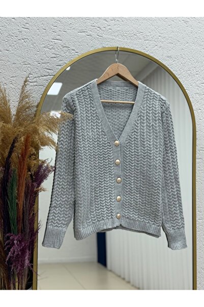 MİHRA STORE Lametta Gold Buttoned Knit Pattern Knitwear Cardigan-Sy478 Gray