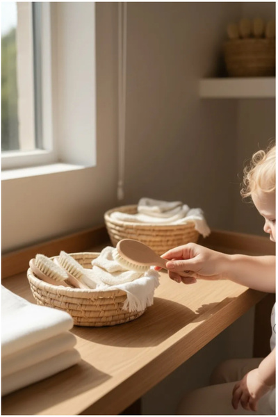 THELAKIDS Doğal Keçi Kılı Ahşap Bebek Fırçası ve Pamuk Bebek Banyo Kesesi 2li...