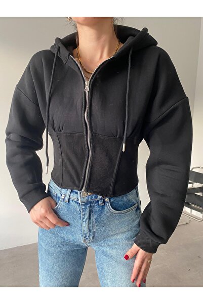 Bade Butik سترة بغطاء رأس بتفاصيل كورسيه أسود