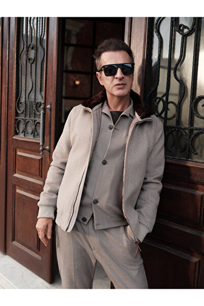 D'S Damat Ds Damat Regular Fit Beige Straight Collar Detachable Fur Coat