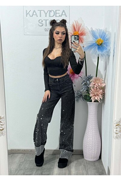 KATYDEA STORE Jeans/ WideLeg cu cristale ștanțate negri Paulina