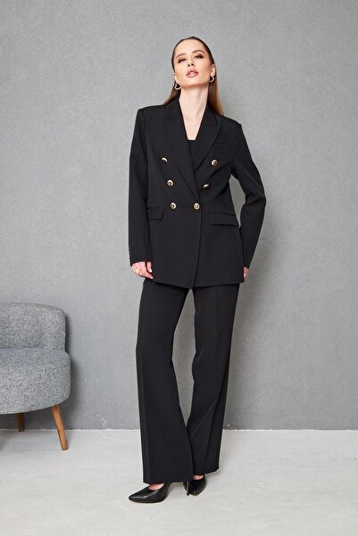 SheBoss Gold 6 Düğmeli Kruvaze Takım Siyah