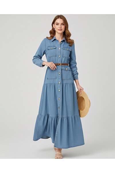 MİYALORA Düğme Detaylı Cepli Kemerli Mavi Kot Elbise