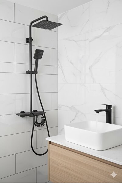 VSA Yeni Mars Antrasit Tuşlu Tepe Duş Yağmurlama Banyo Robot Seti Ve Siyah La...
