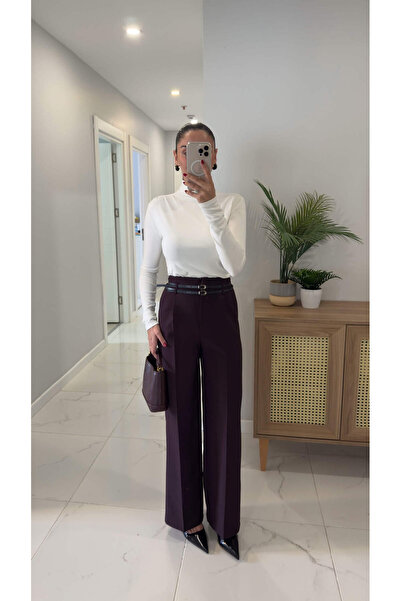 BİRCANÇİL Uwera Plum Double Belt Palazzo Pants