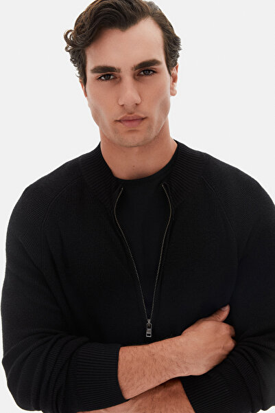 Twn Slim Fit Black Plain Cardigan