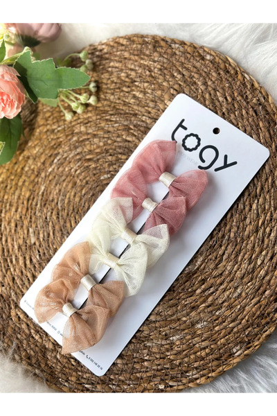 aysskids Pembe,Ekru Ve Kahverengi Tül Kız Çocuk Bebek Toka Seti