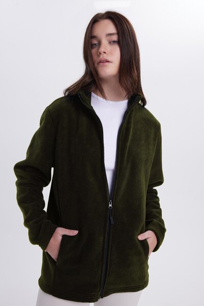 Tudors Women's Dark Khaki Anti-Pilling Non-Pilling Standard Fit Full Zipper Cold-Proof Fleece Cardigan