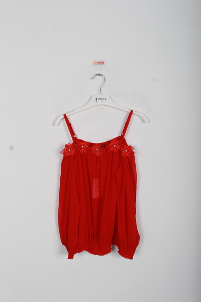 incity Girl's Floral Embroidered Chiffon Suspender Red Blouse