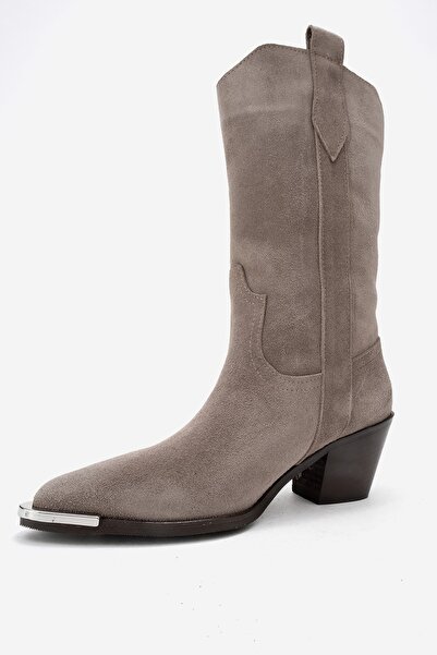 LuviShoes Γυναικείες μπότες Western ALVI Mink Suede από γνήσιο δέρμα με μεταλλική λεπτομέρεια