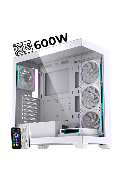 GAMELİNE Elite 5x RGB Fan Kumandalı 600W 80+ PSU Gaming Bilgisayar Kasası Beyaz
