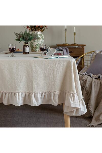 genernic GLORY SEASON Ruffled Rustic Classic Cotton Washable Rectangular Tablecloth, White 60''x102''