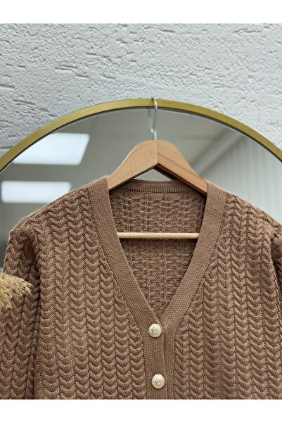MİHRA STORE Lametta Gold Buttoned Knitted Pattern Knitwear Cardigan-Sy478 Mink