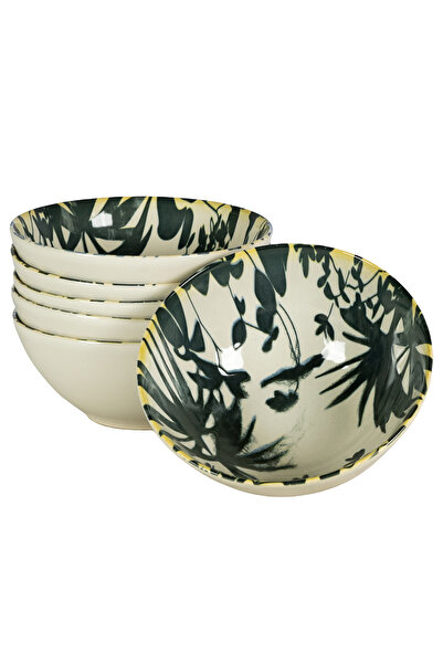Cesiro Set of 6 bowls, 600 ml, Hawaii, Light cream with black leaves