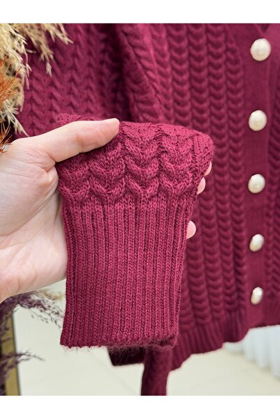 MİHRA STORE Lametta Gold Buttoned Knitted Pattern Knitwear Cardigan-Sy478 Burgundy