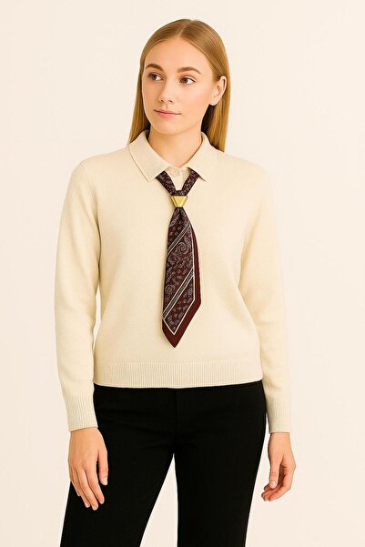 HİRA LİFE FASHİON Pulover de damă cu guler polo, cu detaliu eșarfă