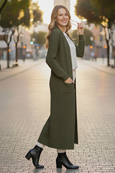 benguen Ζακέτα με μοτίβο ζιγκ-ζαγκ μακρύ πλεκτό R4470 Χακί