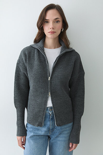 Laluvia Anthracite Double Zipper Cardigan - 251080