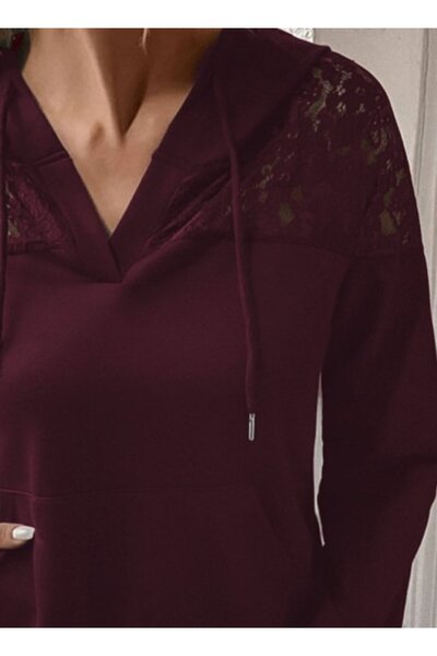 JANES Bluză de damă cu mânecă lungă, cu glugă, cu dantelă, din viscoză, cu do...