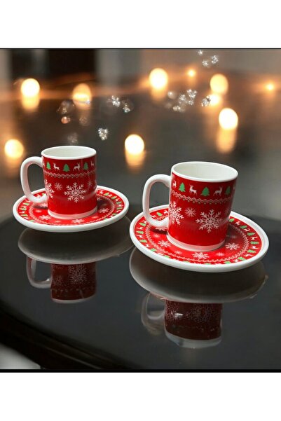 Yenigeldi Set of 2 Christmas Themed Red Porcelain Cups Christmas Decoration