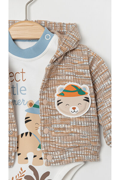 Yumilio Organic Cotton Little Explorer Kaplan Printed Hooded Cardigan Bodysuit and Pants 3-Piece Baby Boy Set