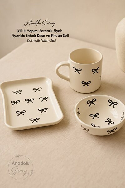 Anadolu Saray 3-Piece Handmade Ceramic Black Bow Plate Bowl and Cup Set Breakfast Set