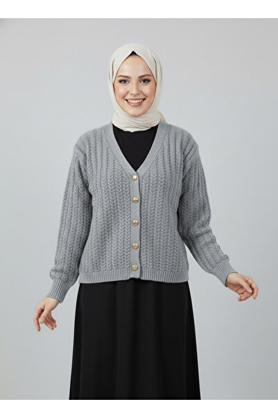 MİHRA STORE Lametta Gold Buttoned Knit Pattern Knitwear Cardigan-Sy478 Gray