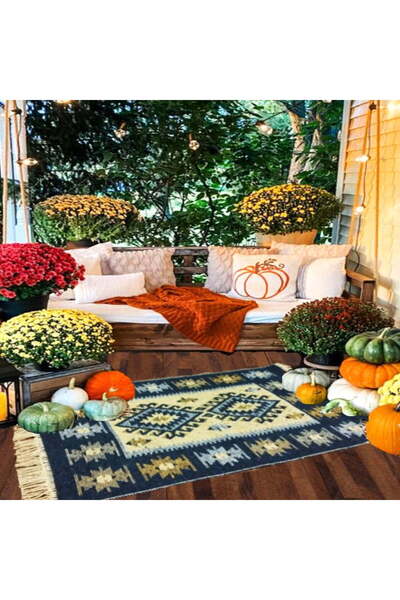 OEM Covor tradițional țesut, față-verso, dimensiune 80 x 150 cm, albastru și crem, model ROMB