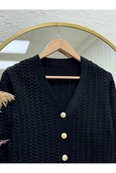 MİHRA STORE Lametta Gold Buttoned Knit Pattern Knitwear Cardigan-Sy478 Black
