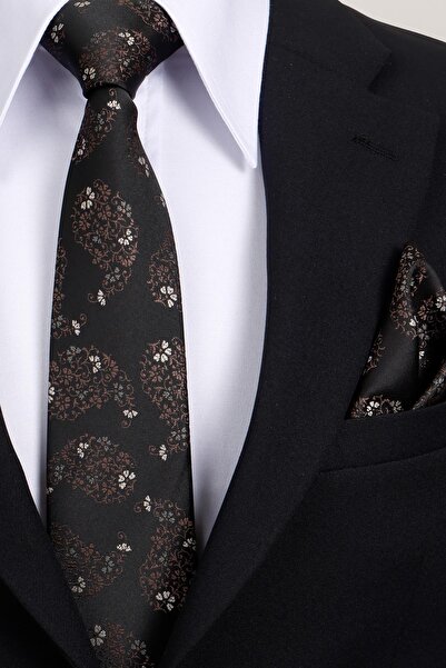 Esgue 8 cm Classic Wide Hand Made Black - Brown Drop Pattern Handkerchief Tie