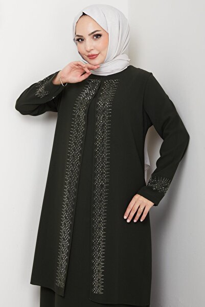 hafsamina Shiny Stone Plus Size Mother Dress Khaki Hm2856