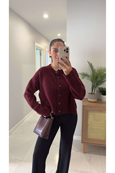 BİRCANÇİL Dlvin Fus Bordo Melanj Buttoned Slit Cardigan