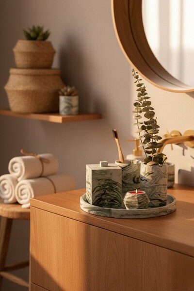 betonmall Set de baie din beton cu model de marmură, 6 piese |   Suport pentru periuță de dinți Suport pentru lumânări Suport pentru bumbac Tavă de prezentare Set modern