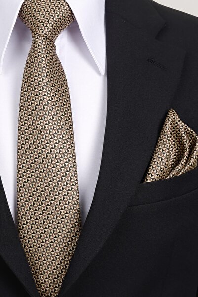 Esgue 8 cm Classic Wide Hand Made Black - Beige Geometric Pattern Handkerchief Tie